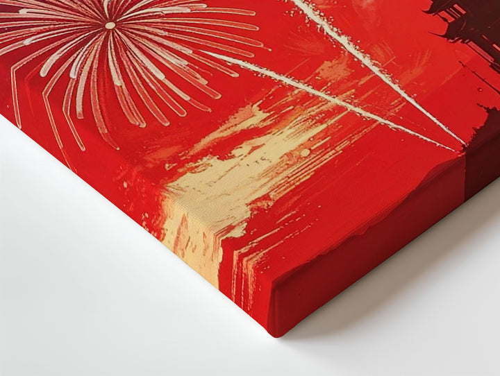 Independence Day Fireworks Canvas – Bold Red Background with Red & Blue Bursts - Gifitto
