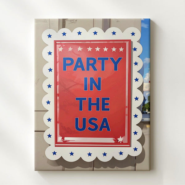 Party in the USA Canvas – Red Background with Blue Stars & Scalloped Frame - Gifitto
