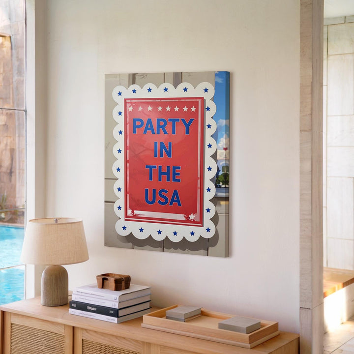 Party in the USA Canvas – Red Background with Blue Stars & Scalloped Frame - Gifitto