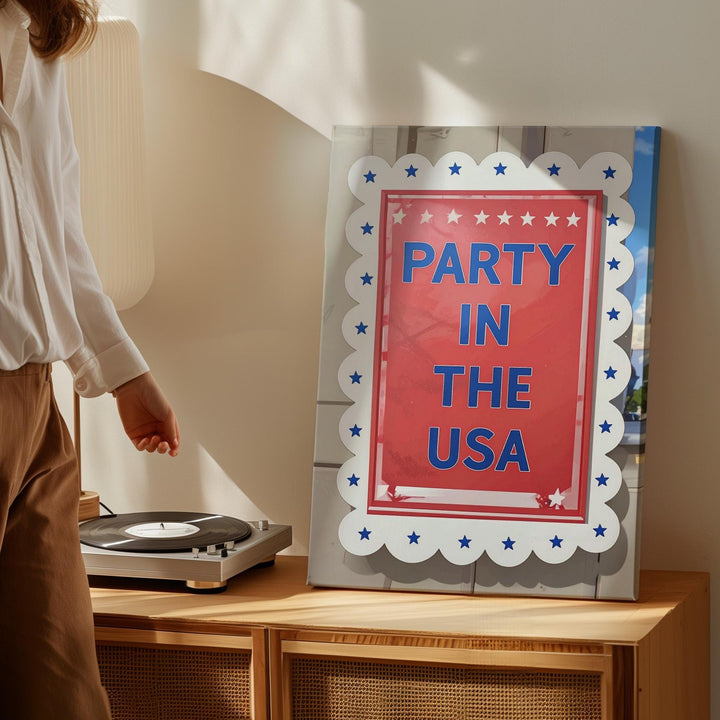 Party in the USA Canvas – Red Background with Blue Stars & Scalloped Frame - Gifitto