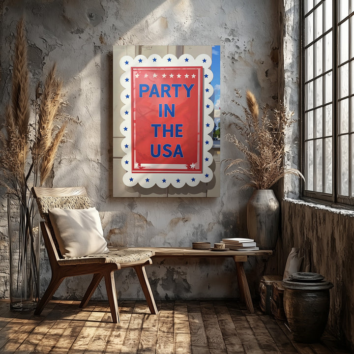 Party in the USA Canvas – Red Background with Blue Stars & Scalloped Frame - Gifitto