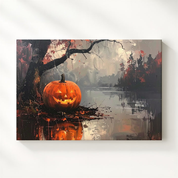 Misty Reflection Jack-o'-Lantern Canvas – Moody Halloween Lake Art - Gifitto