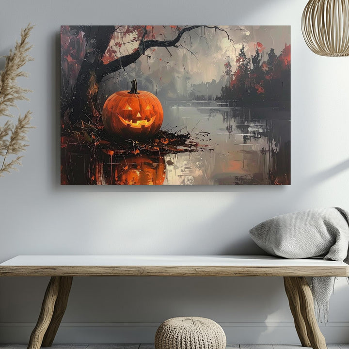 Misty Reflection Jack-o'-Lantern Canvas – Moody Halloween Lake Art - Gifitto