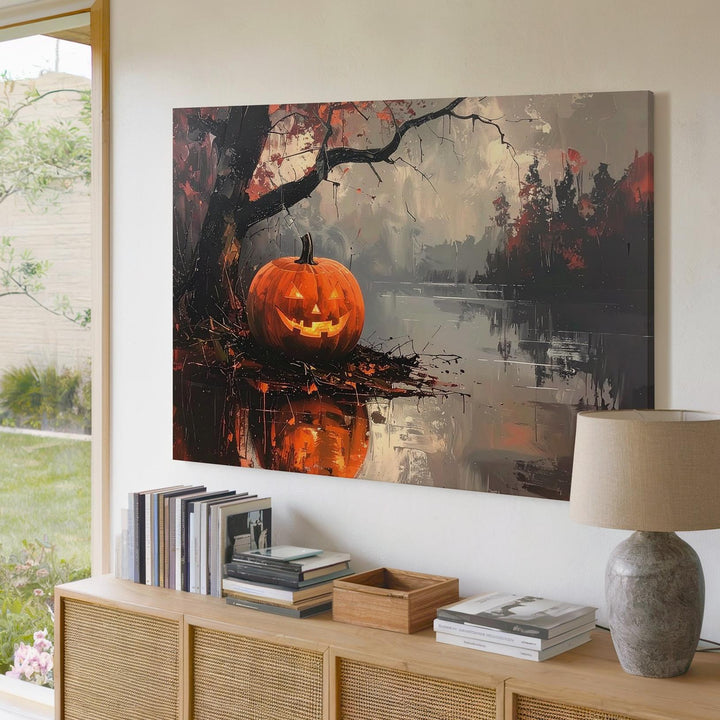 Misty Reflection Jack-o'-Lantern Canvas – Moody Halloween Lake Art - Gifitto