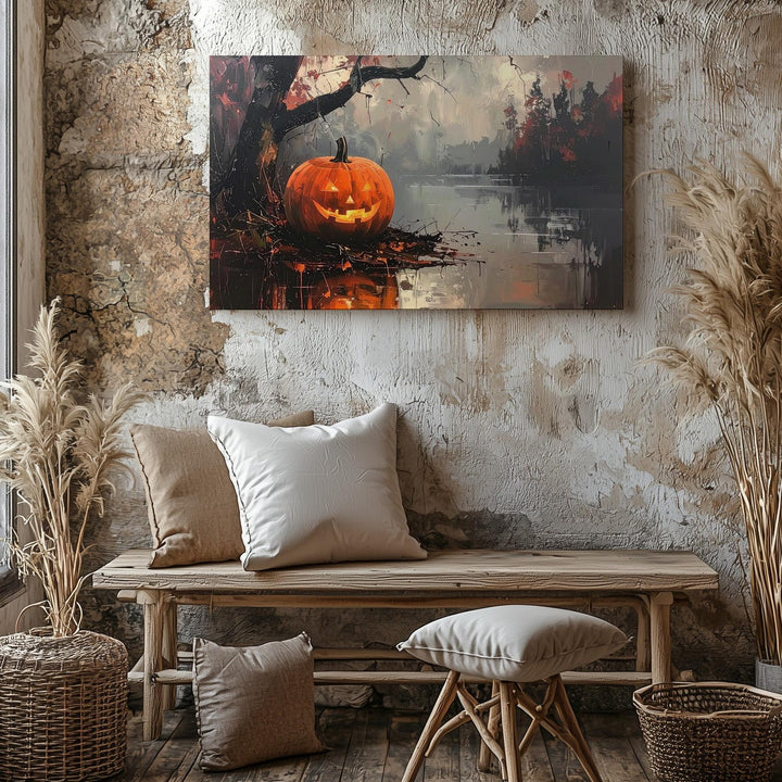 Misty Reflection Jack-o'-Lantern Canvas – Moody Halloween Lake Art - Gifitto