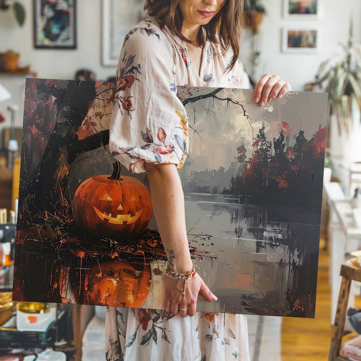 Misty Reflection Jack-o'-Lantern Canvas – Moody Halloween Lake Art - Gifitto