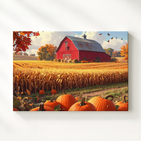 Autumn Harvest Barn Canvas – Pumpkin Patch & Fall Farm Landscape Wall Art - Gifitto