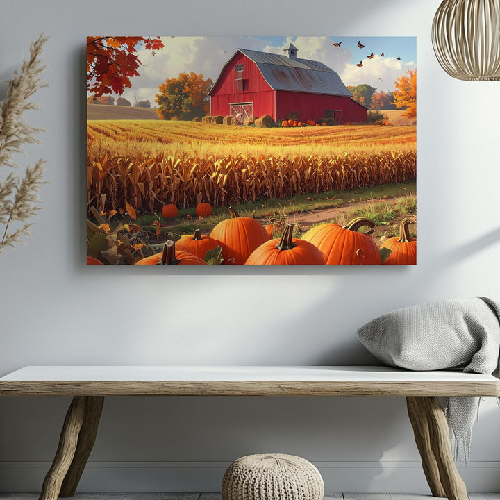 Autumn Harvest Barn Canvas – Pumpkin Patch & Fall Farm Landscape Wall Art - Gifitto