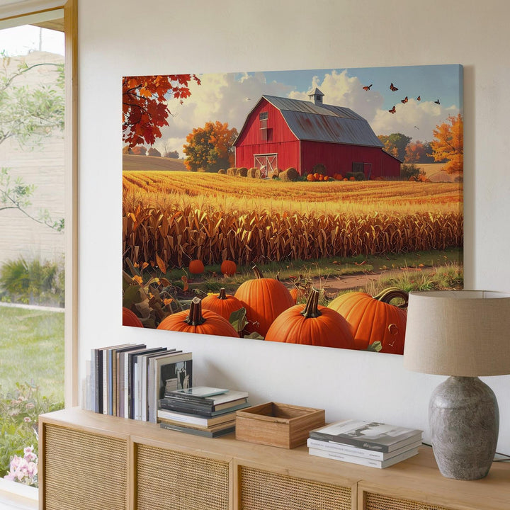 Autumn Harvest Barn Canvas – Pumpkin Patch & Fall Farm Landscape Wall Art - Gifitto