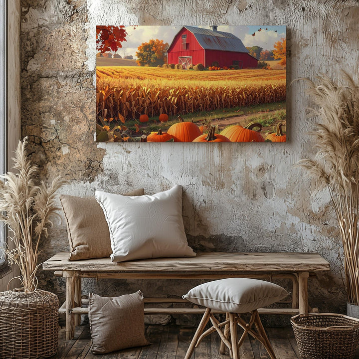 Autumn Harvest Barn Canvas – Pumpkin Patch & Fall Farm Landscape Wall Art - Gifitto