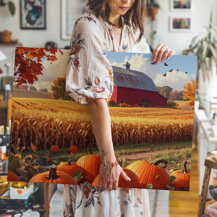 Autumn Harvest Barn Canvas – Pumpkin Patch & Fall Farm Landscape Wall Art - Gifitto