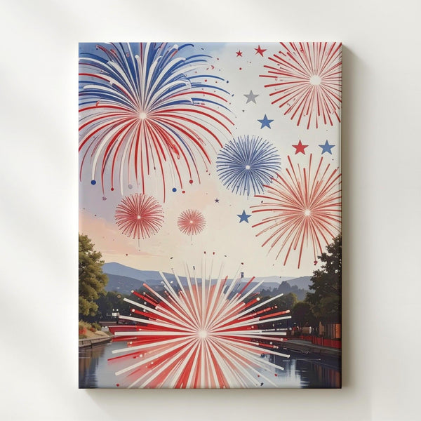Red & Blue Fireworks Canvas – Modern 4th of July Celebration on White - Gifitto