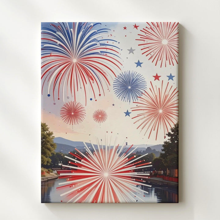 Red & Blue Fireworks Canvas – Modern 4th of July Celebration on White - Gifitto