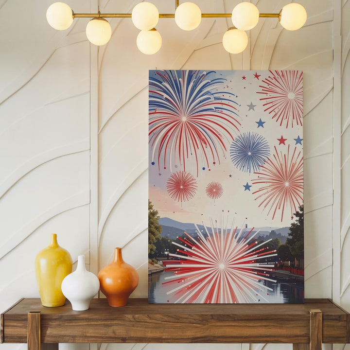 Red & Blue Fireworks Canvas – Modern 4th of July Celebration on White - Gifitto