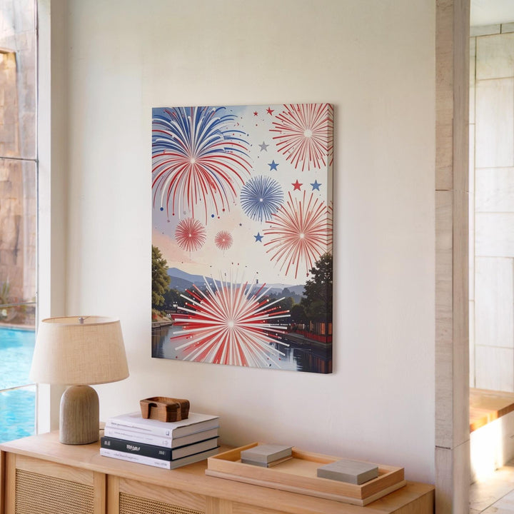 Red & Blue Fireworks Canvas – Modern 4th of July Celebration on White - Gifitto