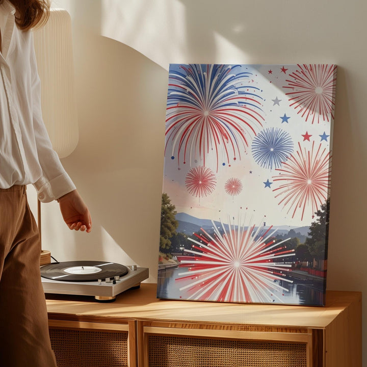 Red & Blue Fireworks Canvas – Modern 4th of July Celebration on White - Gifitto