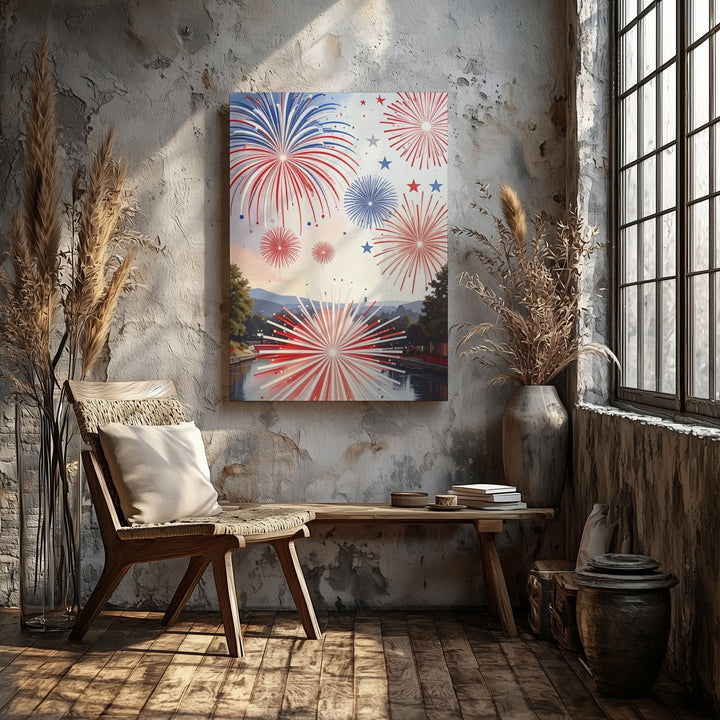 Red & Blue Fireworks Canvas – Modern 4th of July Celebration on White - Gifitto