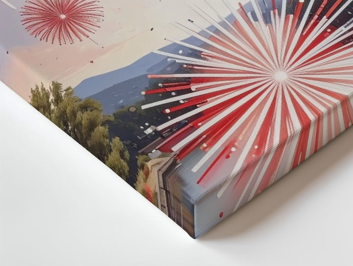 Red & Blue Fireworks Canvas – Modern 4th of July Celebration on White - Gifitto