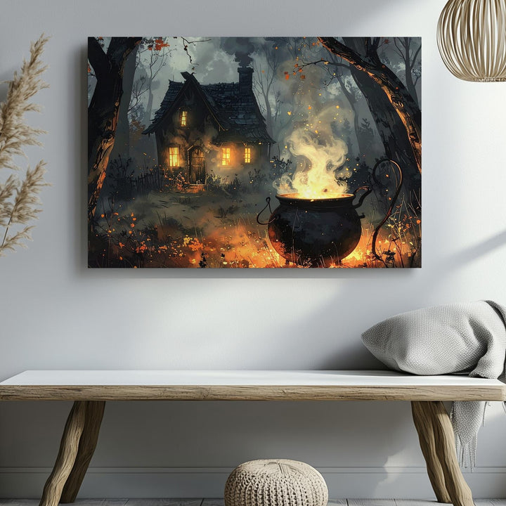 Witch’s Cauldron in Forest Canvas – Enchanted Halloween Potion Scene Art - Gifitto