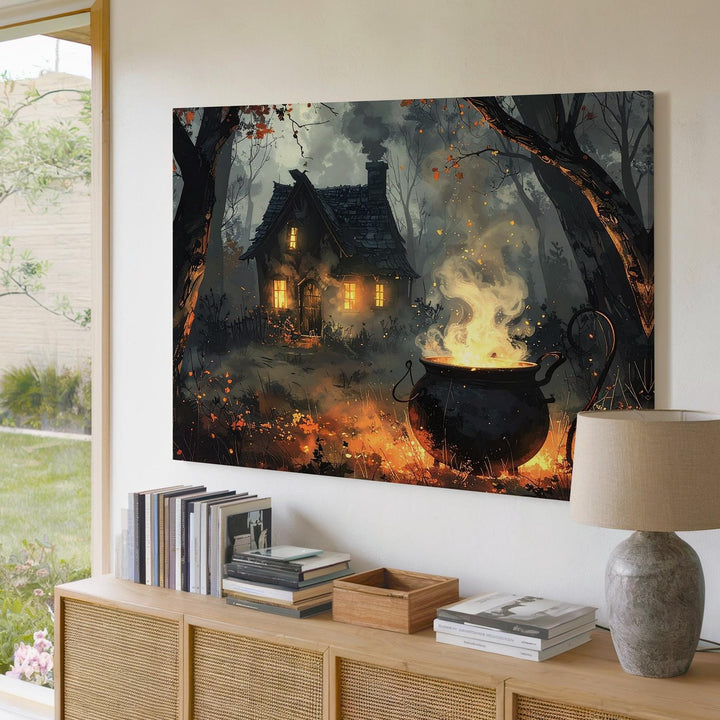 Witch’s Cauldron in Forest Canvas – Enchanted Halloween Potion Scene Art - Gifitto