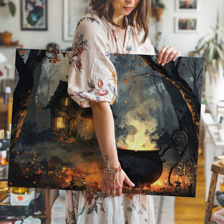 Witch’s Cauldron in Forest Canvas – Enchanted Halloween Potion Scene Art - Gifitto