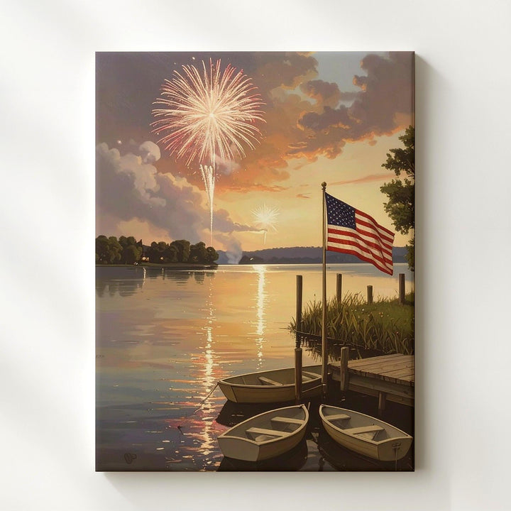 Lakeside 4th of July Canvas – Rowboats, Fireworks & Waving American Flag at Dusk - Gifitto
