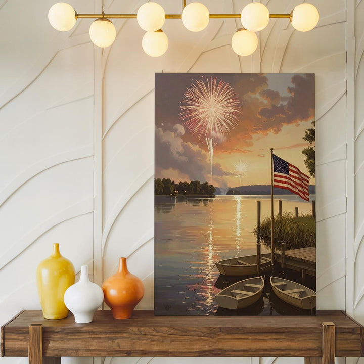 Lakeside 4th of July Canvas – Rowboats, Fireworks & Waving American Flag at Dusk - Gifitto
