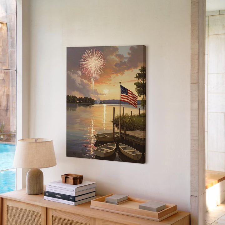Lakeside 4th of July Canvas – Rowboats, Fireworks & Waving American Flag at Dusk - Gifitto