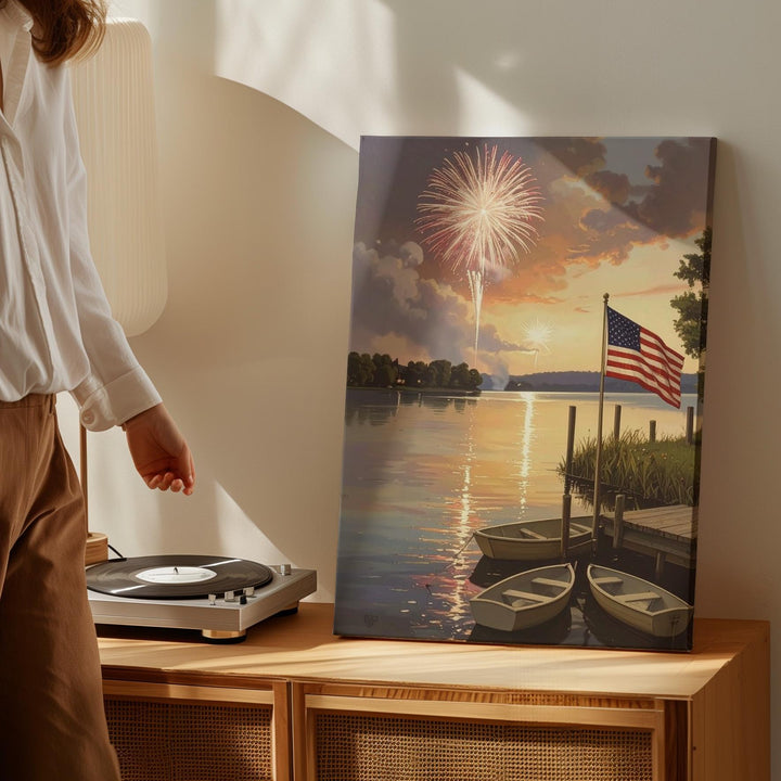 Lakeside 4th of July Canvas – Rowboats, Fireworks & Waving American Flag at Dusk - Gifitto
