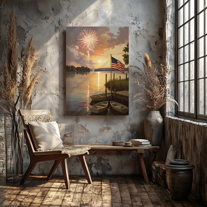 Lakeside 4th of July Canvas – Rowboats, Fireworks & Waving American Flag at Dusk - Gifitto