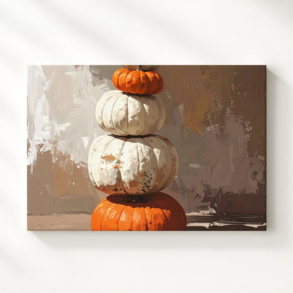 Autumn Totem Canvas – Stacked Pumpkin Still Life with Seasonal Symbolism - Gifitto