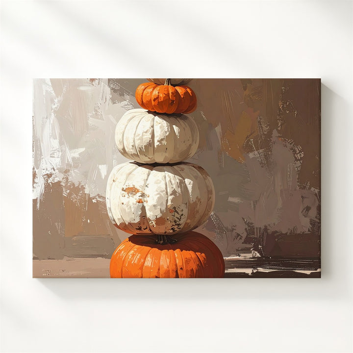 Autumn Totem Canvas – Stacked Pumpkin Still Life with Seasonal Symbolism - Gifitto