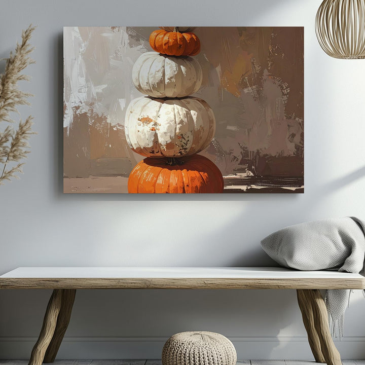 Autumn Totem Canvas – Stacked Pumpkin Still Life with Seasonal Symbolism - Gifitto