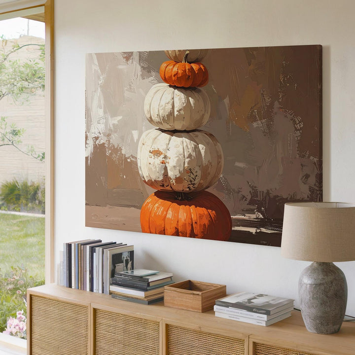 Autumn Totem Canvas – Stacked Pumpkin Still Life with Seasonal Symbolism - Gifitto