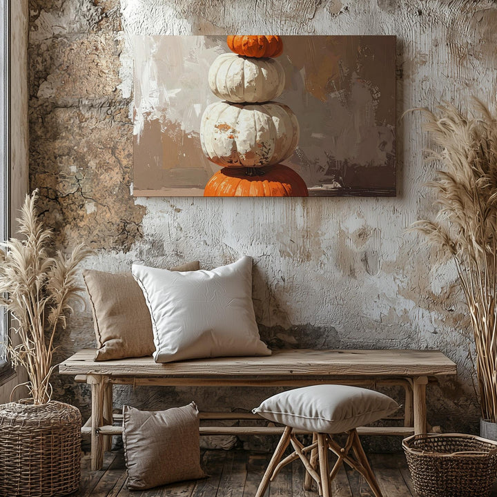 Autumn Totem Canvas – Stacked Pumpkin Still Life with Seasonal Symbolism - Gifitto