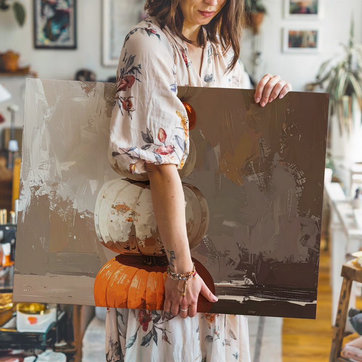 Autumn Totem Canvas – Stacked Pumpkin Still Life with Seasonal Symbolism - Gifitto