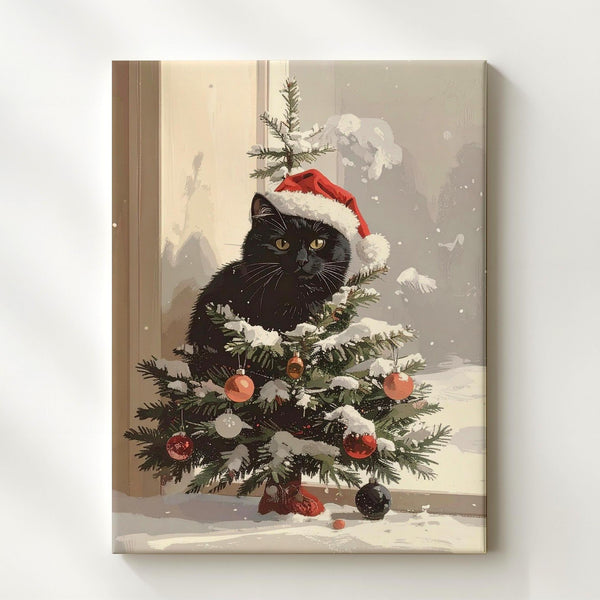 Christmas Tree Cat Canvas – Playful Holiday Wall Art with Santa Hat Kitty - Gifitto