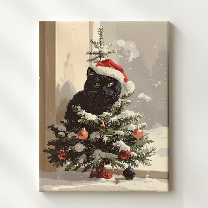 Christmas Tree Cat Canvas – Playful Holiday Wall Art with Santa Hat Kitty - Gifitto