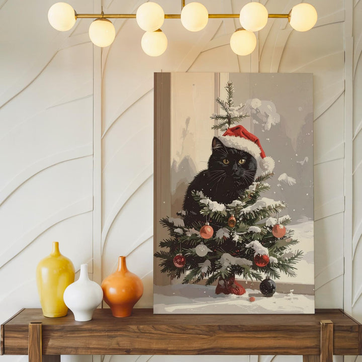Christmas Tree Cat Canvas – Playful Holiday Wall Art with Santa Hat Kitty - Gifitto