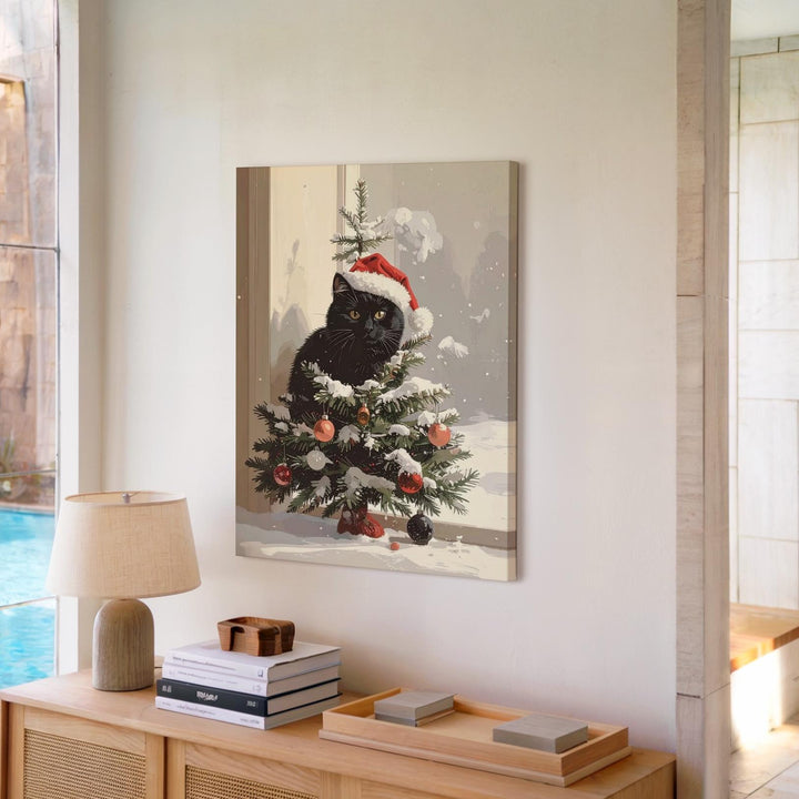 Christmas Tree Cat Canvas – Playful Holiday Wall Art with Santa Hat Kitty - Gifitto