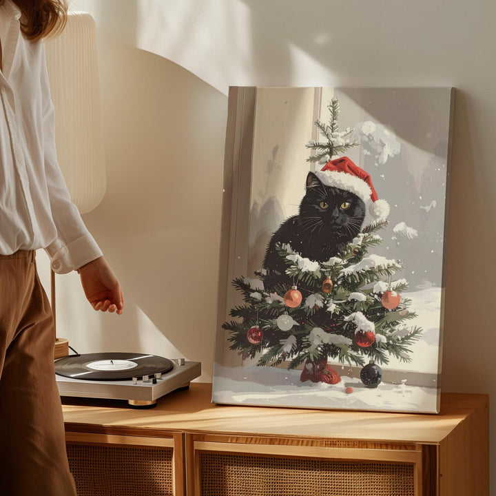 Christmas Tree Cat Canvas – Playful Holiday Wall Art with Santa Hat Kitty - Gifitto