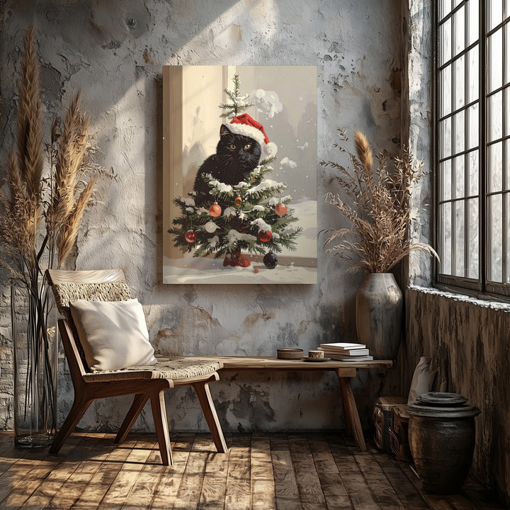 Christmas Tree Cat Canvas – Playful Holiday Wall Art with Santa Hat Kitty - Gifitto