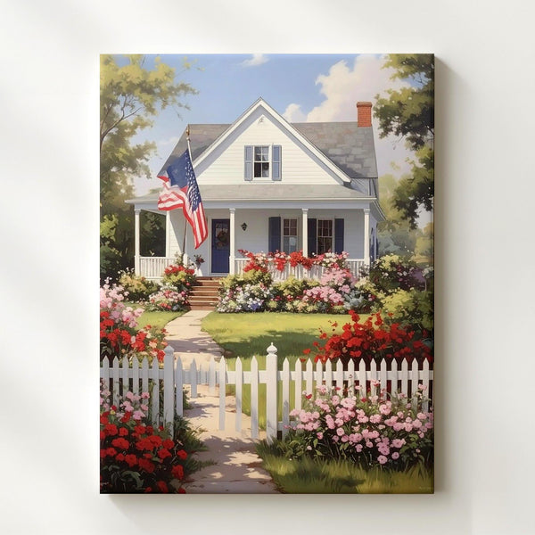 Countryside Americana Canvas – House with Flag, Flowers & White Picket Fence - Gifitto