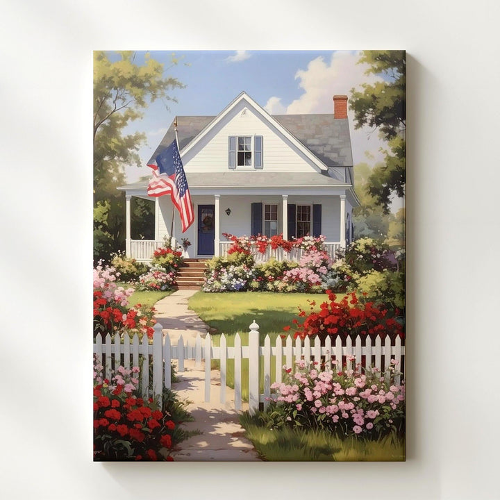 Countryside Americana Canvas – House with Flag, Flowers & White Picket Fence - Gifitto