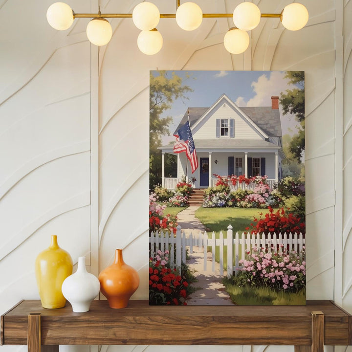 Countryside Americana Canvas – House with Flag, Flowers & White Picket Fence - Gifitto