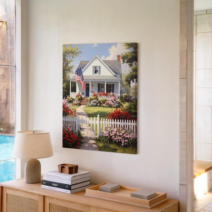 Countryside Americana Canvas – House with Flag, Flowers & White Picket Fence - Gifitto
