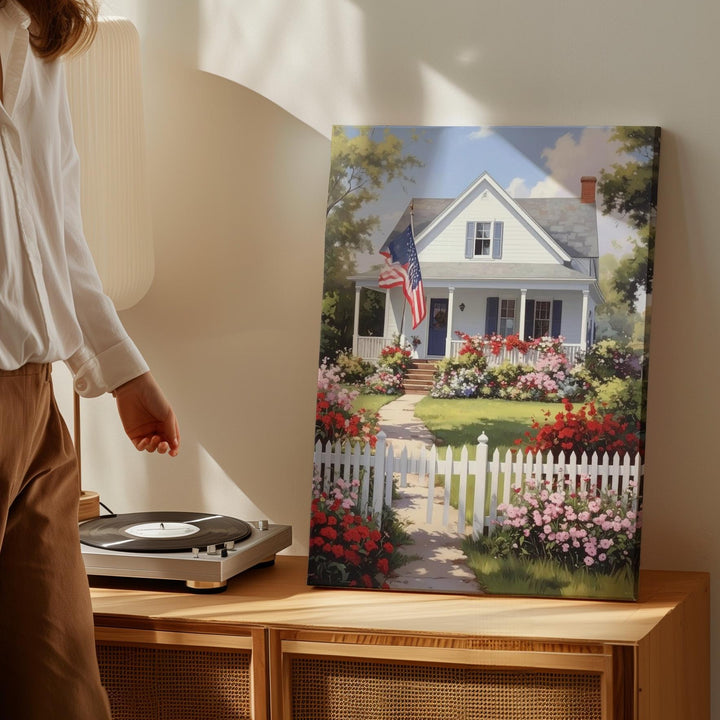 Countryside Americana Canvas – House with Flag, Flowers & White Picket Fence - Gifitto