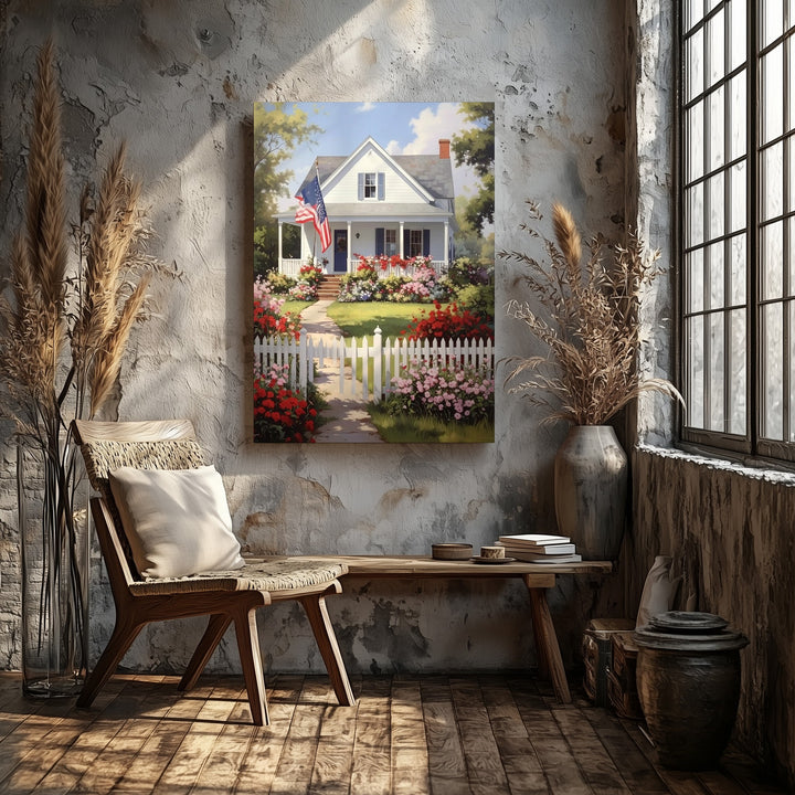 Countryside Americana Canvas – House with Flag, Flowers & White Picket Fence - Gifitto