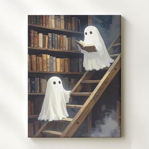 Ghosts in Haunted Library Canvas – Whimsical Halloween Dark Academia Art - Gifitto