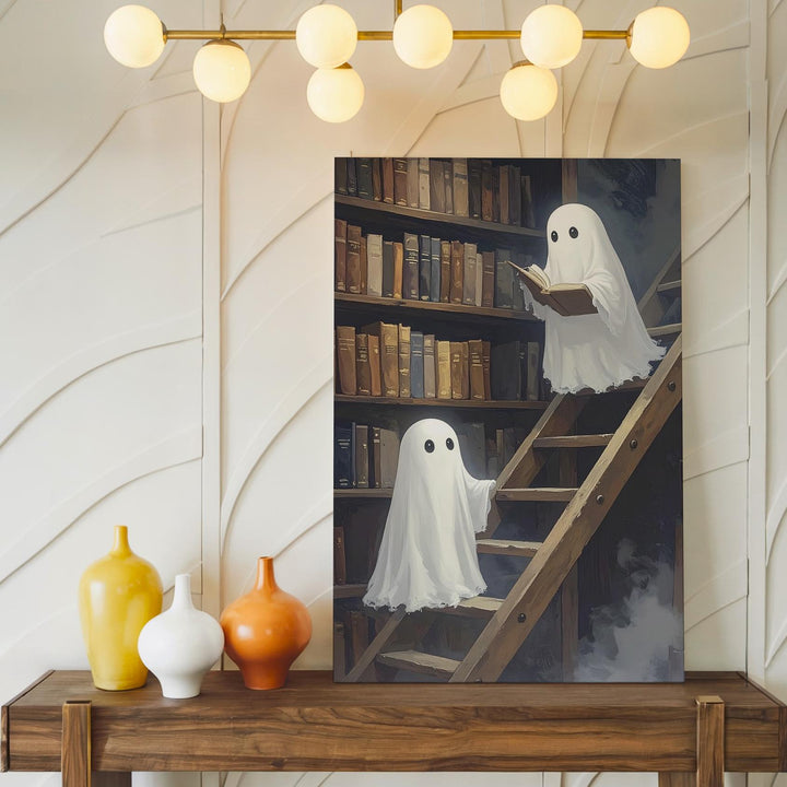Ghosts in Haunted Library Canvas – Whimsical Halloween Dark Academia Art - Gifitto